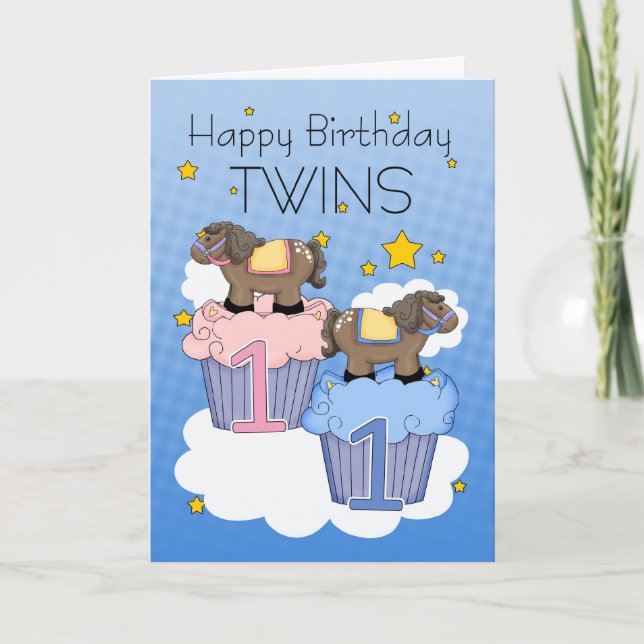 Twins First Birthday Card - Zwei kleine Ponies Karte (Vorderseite)