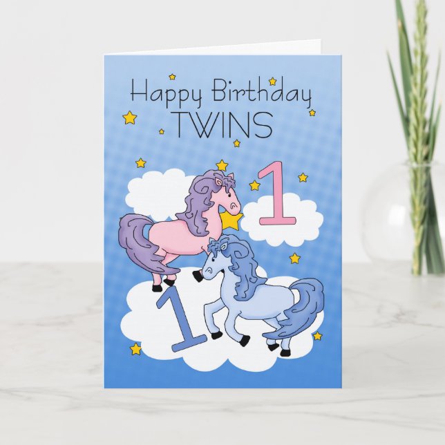 Twins First Birthday Card - Zwei kleine Ponies Karte (Vorderseite)