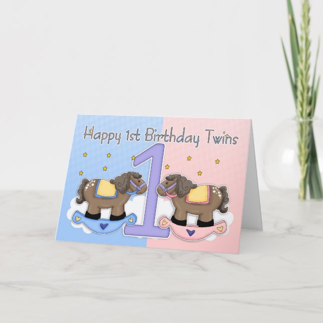 Twins First Birthday Card - Zwei kleine Ponies Karte (Vorderseite)