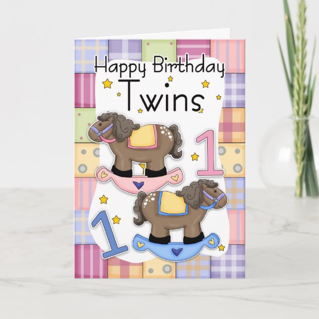 Twins First Birthday Card - Zwei kleine Ponies Karte (Vorderseite)