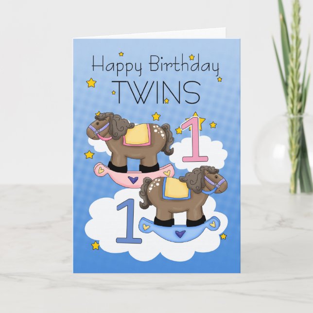 Twins First Birthday Card - Zwei kleine Ponies Karte (Vorderseite)