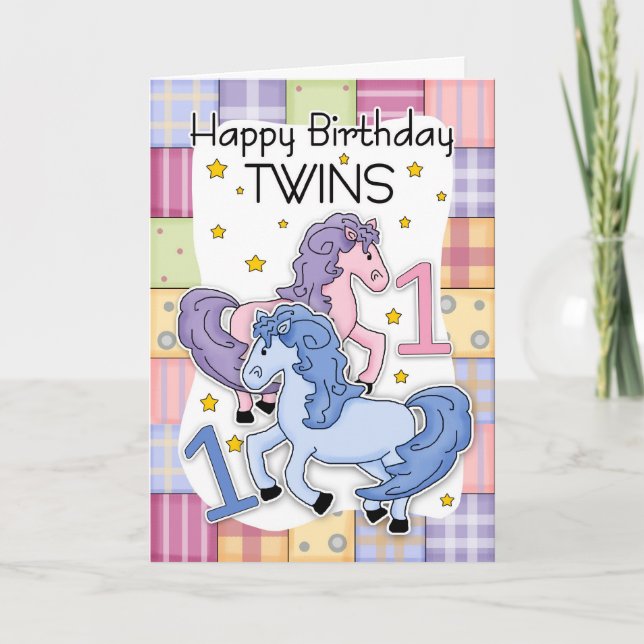 Twins First Birthday Card - Zwei kleine Ponies Karte (Vorderseite)