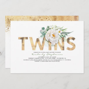 Twins Floral Gold Typografie Babydusche Einladung