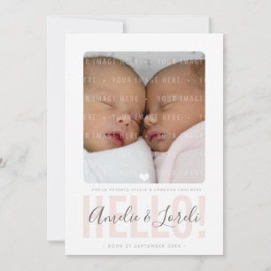 TWINS FOTO GEBURTSANKÜNDIGUNG Hallo-pinke Mädchen Ankündigung