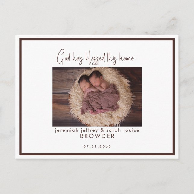 Twins Foto, Gott hat diese Zuhause Geburt gesegnet Ankündigungspostkarte (Vorderseite)