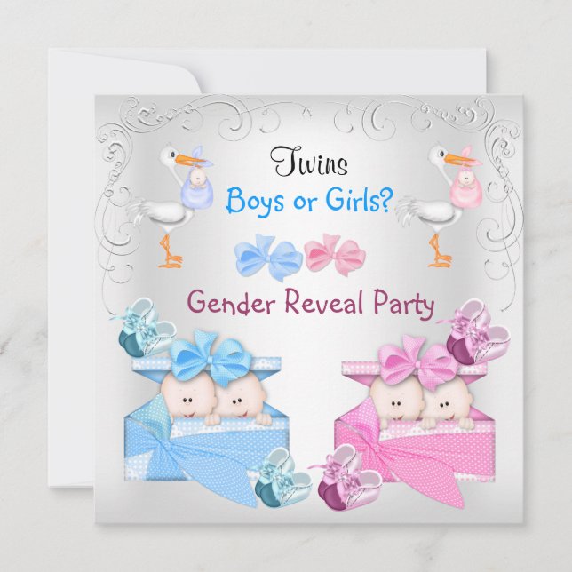 Twins Gender Reveal Party Boys Girls Blue Pink Einladung (Vorderseite)