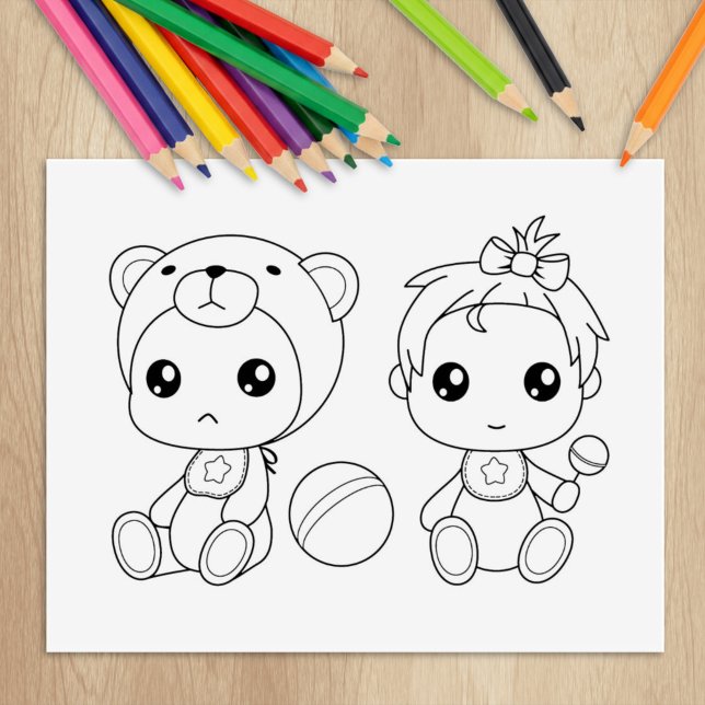 Twins Girl Bear Baby Jumpsuit Coloring Page Gummistempel (Von Creator hochgeladen)