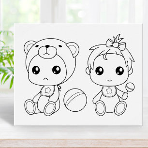 Twins Girl Bear Baby Jumpsuit Coloring Page Poster