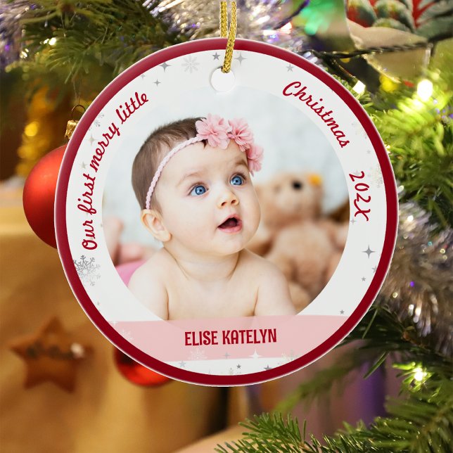 Twins Girl Boy 2 Fotos 1. Frohe Weihnachten Keramik Ornament (Elegant Modern Cute Our first merry little Christmas Twins Baby Girl Boy 2 Photos Snowflakes Red Rim)