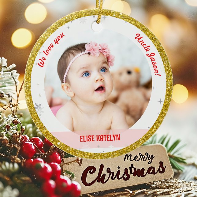Twins Girl Boy Fotos Oncle First Christmas Baby Keramik Ornament (Modern Elegant Cute We love you, Uncle! First Christmas Twins Girl Boy 2 Photos Golden Faux Glitter)