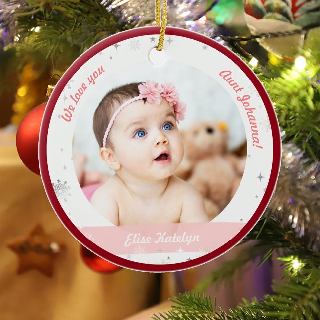 Twins Girl Boy Fotos Tante First Christmas Baby Keramik Ornament (Modern Elegant Cute First Christmas Baby Twins Girl Boy We love you Aunt Snowflakes Stars Red Frame)
