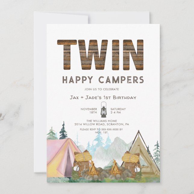 Twins Girl & Boy Rustic Happy Camper Geburtstag Einladung (Vorderseite)