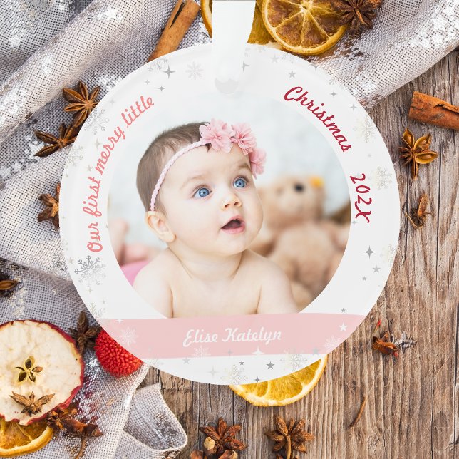 Twins Girls 2 Fotos First Merry Little Christmas Ornament (Modern Elegant Cute Our First Merry Little Christmas Twins Baby Girls 2 Photos Snowflakes Stars Pink)