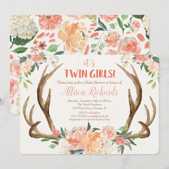 Twins Girls Baby Dusche Einladung Hirschanhänger (Vorne/Hinten)
