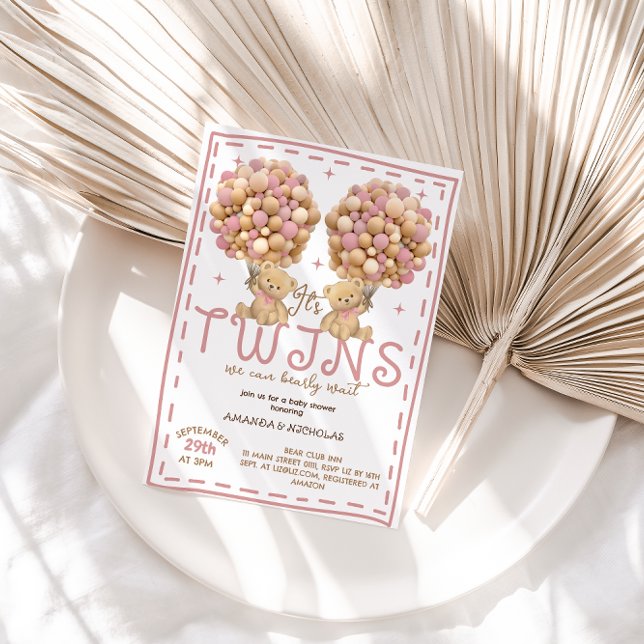 Twins Girls Bear Pink Balloon Babydusche Einladung (Von Creator hochgeladen)