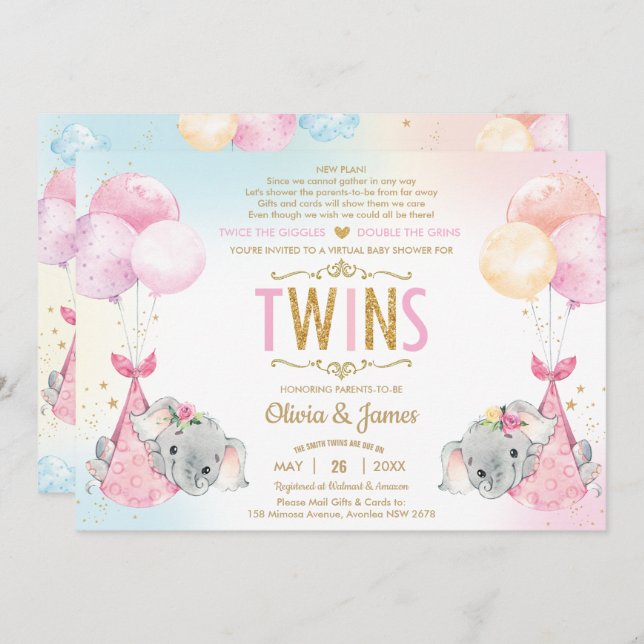 Twins Girls Elephant Virtual Baby Dusche by Mail Einladung (Vorne/Hinten)
