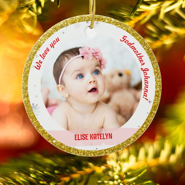 Twins Girls Fotos Godmutter First Christmas Baby Keramik Ornament (Modern Elegant We love you, Godmother! First Christmas Twin Baby Girls 2 Photos Golden Faux Glitter)