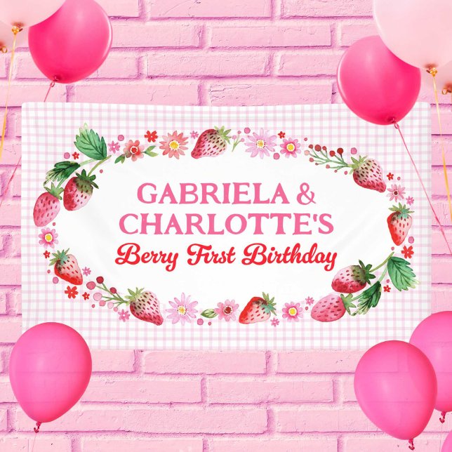Twins Girl's Joint Strawberries Berry 1. Geburtsta Banner (Twins Girl's Joint Strawberries Berry 1st Birthday Banner)