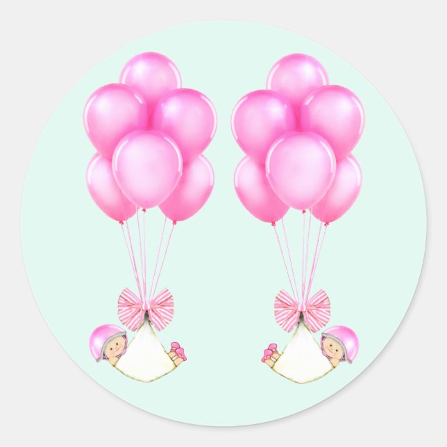 Twins Girls Pink Balloons Babydusche Runder Aufkleber (Vorderseite)