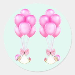 Twins Girls Pink Balloons Babydusche Runder Aufkleber