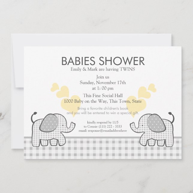 Twins Gray Gingham Baby Shower Einladung (Vorderseite)