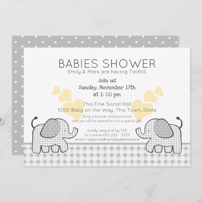 Twins Gray Gingham Baby Shower Einladung (Vorne/Hinten)