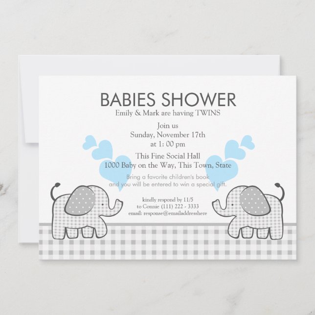 Twins Gray Gingham Blue Baby Shower Einladung (Vorderseite)