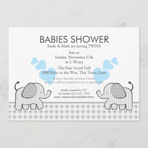 Twins Gray Gingham Blue Baby Shower Einladung
