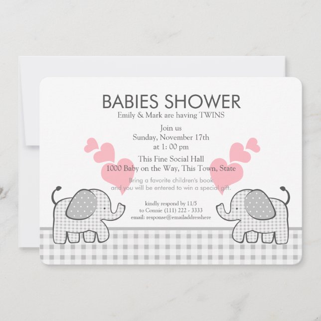 Twins Gray Pink Gingham Baby Shower Einladung (Vorderseite)