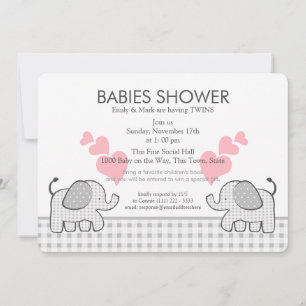 Twins Gray Pink Gingham Baby Shower Einladung