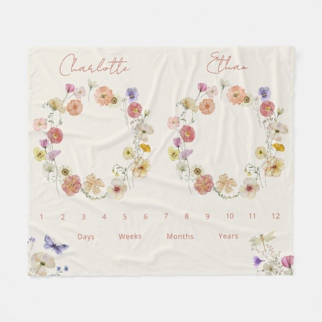Twins Growth Tracker Wassercolor Floral Neugeboren Fleecedecke (Vorderseite (Horizontal))