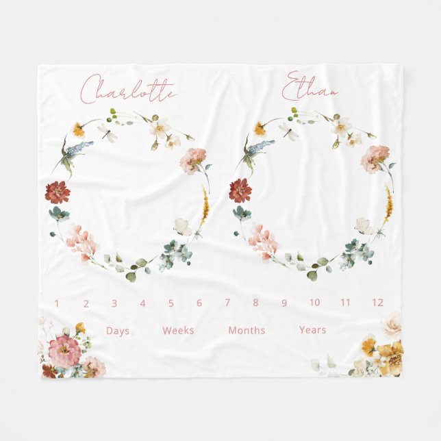Twins Growth Tracker Wassercolor Floral Neugeboren Fleecedecke (Vorderseite (Horizontal))