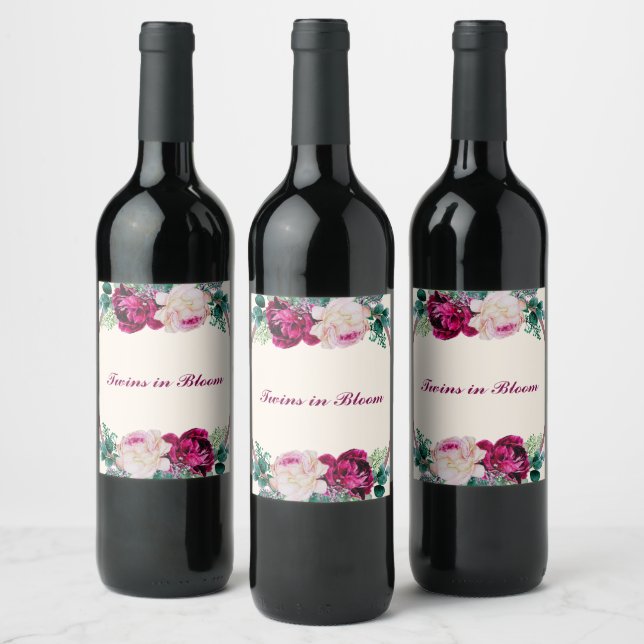 Twins in Bloom Baby Shower Weinetikett (Flaschen)