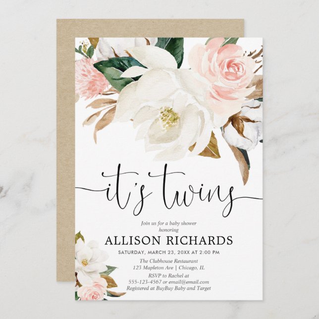 Twins Junge Weiße Rosa rustikale Babydusche Einladung (Vorne/Hinten)