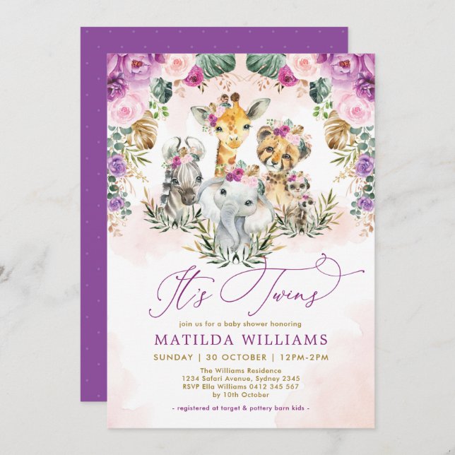 Twins Jungle Safari Animals Boho Girl Baby Dusche Einladung (Vorne/Hinten)