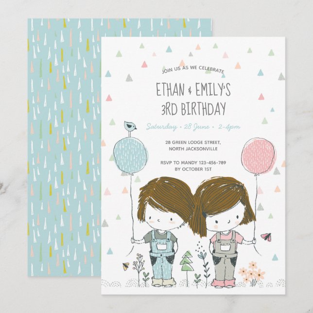 Twins Kindergeburtstag Einladung whimsical (Vorne/Hinten)