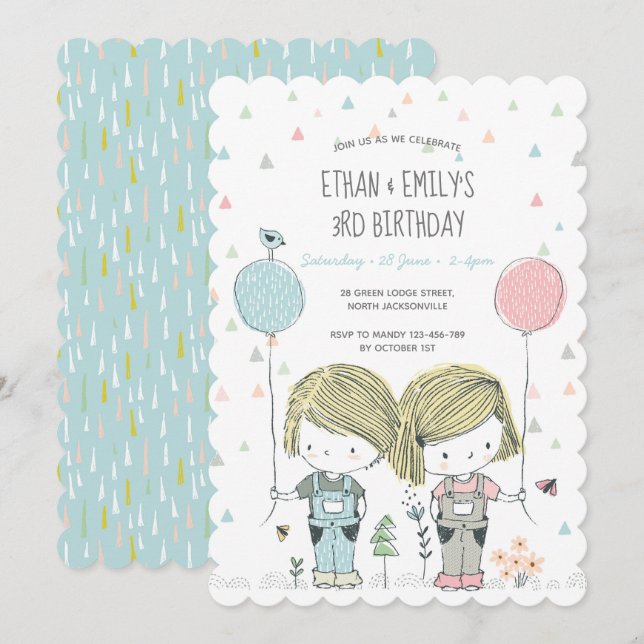 Twins Kindergeburtstag Einladung whimsical (Vorne/Hinten)