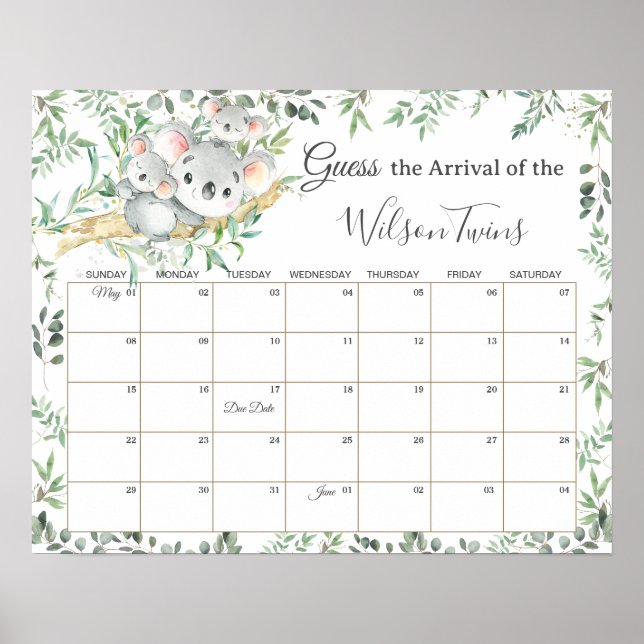 Twins Koalas Greenerenery rät Babies' Due Date Gam Poster (Vorne)