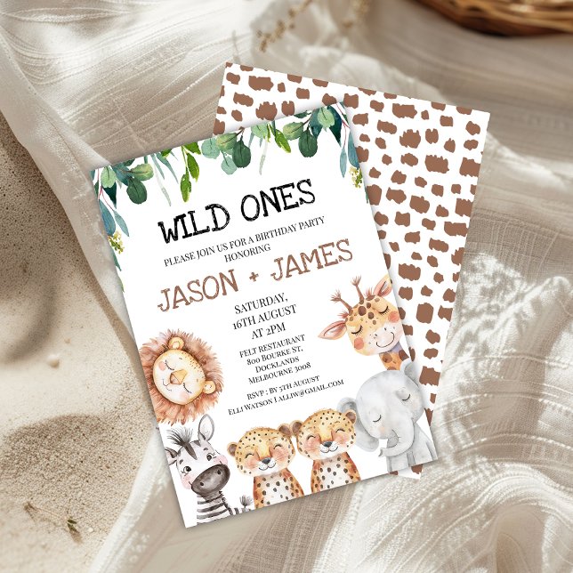 Twins Leopards Wild Ones Safari 1. Einladung (Twin Boys Safari Wild Ones Birthday Invitation, Cheetah Print, Cute Safari Animals Birthday Invite)