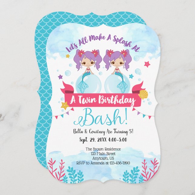 Twins Mermaid Birthday Einladung (Vorne/Hinten)