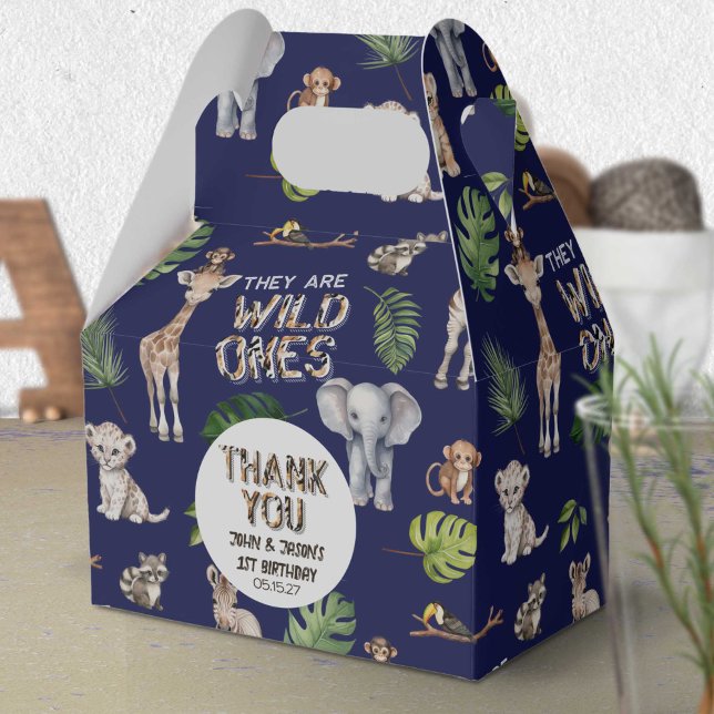 Twins Navy Blue Safari Dschungel 1. Geburtstag Geschenkschachtel (Twins Navy Blue Baby Boys Wild One themed birthday favor box.)