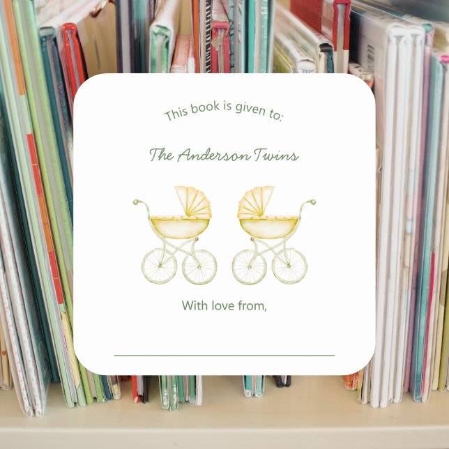 Twins neutral gender carriages Baby Shower Quadratischer Aufkleber (Von Creator hochgeladen)