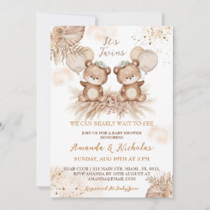 Twins Niedlich Boho Bear Baby Shower Einladung