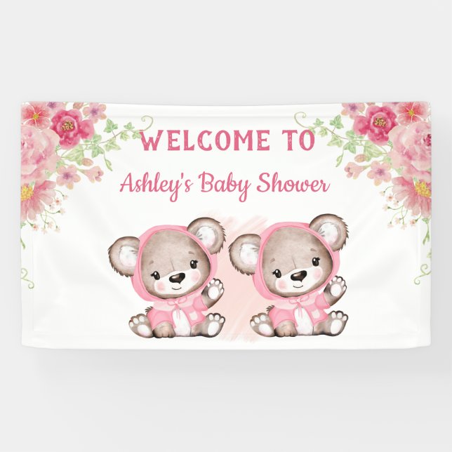 Twins Pink Bears Floral Custom Baby Dusche Banner (Horizontal)