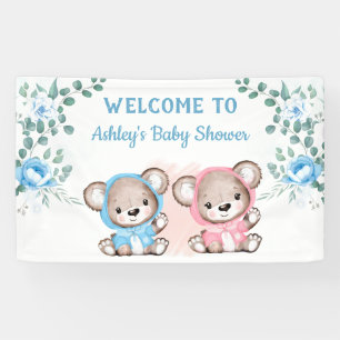 Twins Pink Blue Bear Floral Custom Baby Dusche Banner
