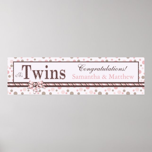 TWINS Pink Taupe Dots Baby Duschbanner Poster (Vorne)