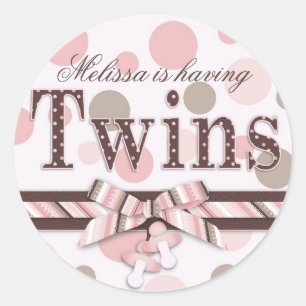 Twins Pink & Taupe Polka Dots Baby Dusche Runder Aufkleber
