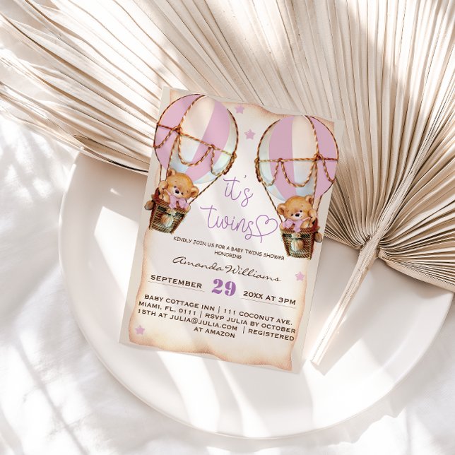 Twins Pink Teddy Bear Hot Air Ballon Babydusche Einladung (Von Creator hochgeladen)