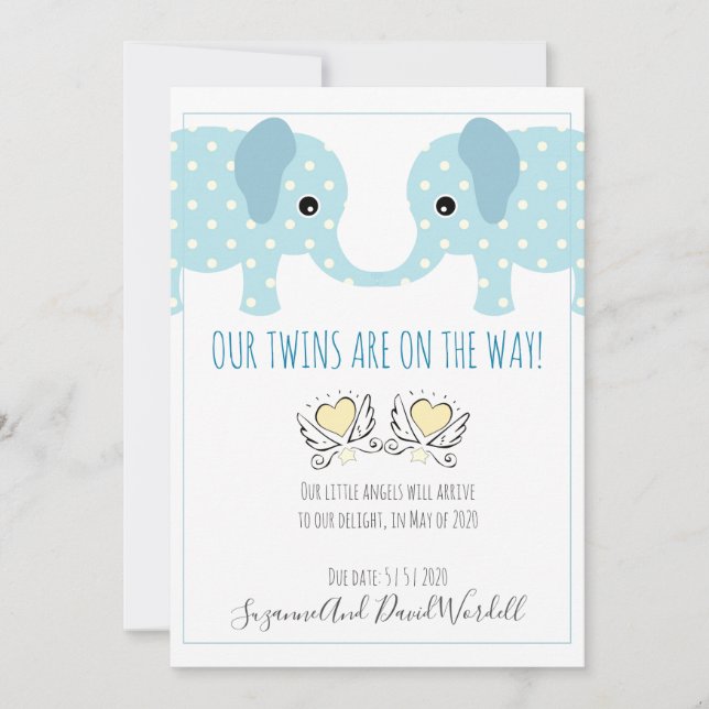 Twins Pregnancy Announcement Whimsical Elephants Ankündigung (Vorderseite)