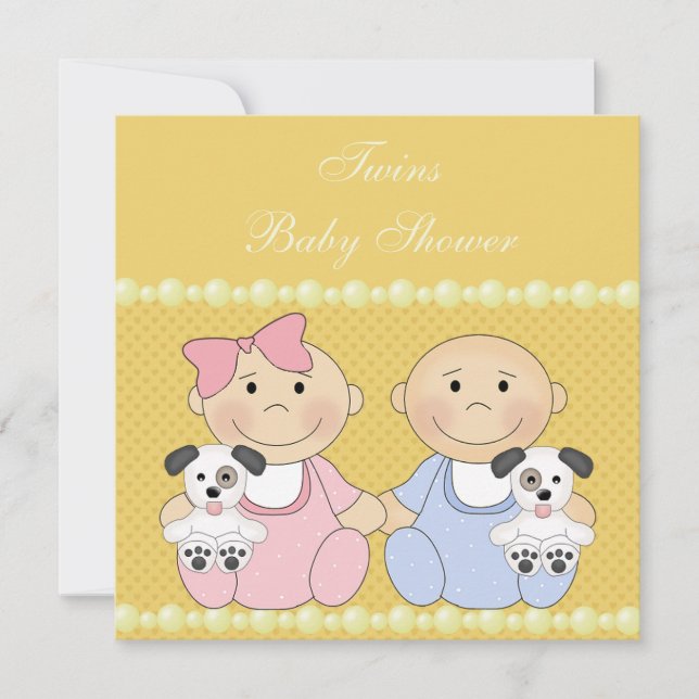 Twins & Puppies Yellow Baby Dusche Einladung (Vorderseite)